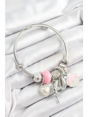 316L Çelik Pembe Zirkon Taşlı Yıldız Melek İstiridye Ve Kalp Model Gümüş Renk Charm Bileklik