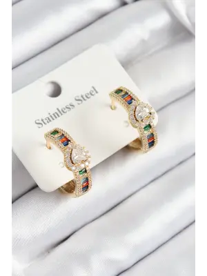 316L Çelik Renkli Zirkon Taşlı Kalpli Baget Halka Model Gold Renk Kadın Küpe
