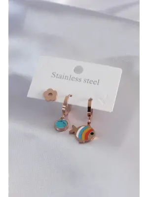 316L Çelik Rose Renk Balık Model Çiçek Detay Kadın Küpe Kombini