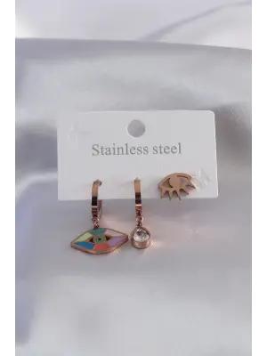 316L Çelik Rose Renk Göz Figür Zirkon Taş Detay Kadın Küpe Kombini