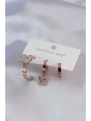 316L Çelik Rose Renk Kelebek Model Zirkon Taşlı Kadın Küpe Kombini