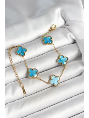 316L Çelik Sedefli Gökyüzü Mavisi Gold Renk Yonca Kadın Bileklik