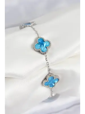 316L Çelik Sedefli Gökyüzü Mavisi Gümüş Renk Yonca Kadın Bileklik