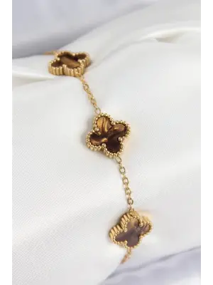 316L Çelik Sedefli Kahverengi Gold Renk Yonca Kadın Bileklik