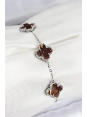 316L Çelik Sedefli Kahverengi Gümüş Renk Yonca Kadın Bileklik