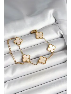 316L Çelik Sedefli Kırık Beyaz Gold Renk Yonca Kadın Bileklik