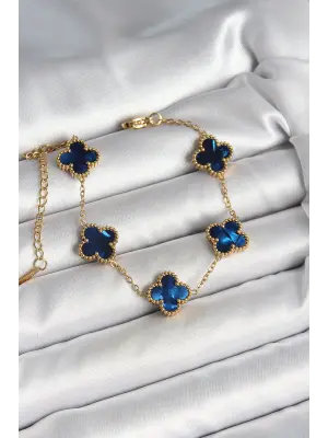 316L Çelik Sedefli Lacivert Gold Renk Yonca Kadın Bileklik