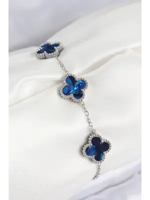 316L Çelik Sedefli Lacivert Gümüş Renk Yonca Kadın Bileklik