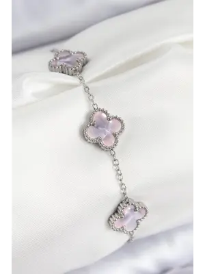 316L Çelik Sedefli Lila Gümüş Renk Yonca Kadın Bileklik