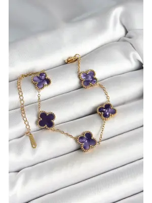 316L Çelik Sedefli Mor Gold Renk Yonca Kadın Bileklik