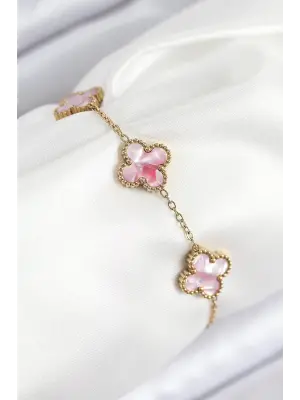 316L Çelik Sedefli Pembe Gold Renk Yonca Kadın Bileklik