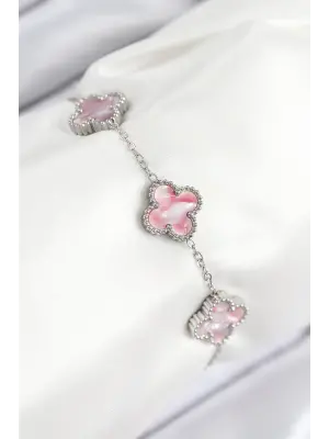 316L Çelik Sedefli Pembe Gümüş Renk Yonca Kadın Bileklik