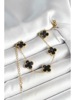 316L Çelik Sedefli Siyah Gold Renk Yonca Kadın Bileklik