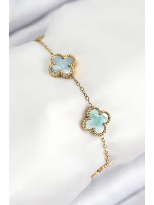 316L Çelik Sedefli Yeşil Gold Renk Yonca Kadın Bileklik