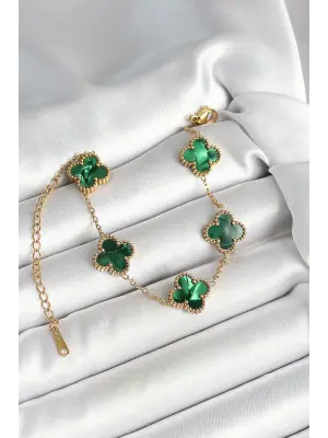 316L Çelik Sedefli Zümrüt Yeşil Gold Renk Yonca Kadın Bileklik