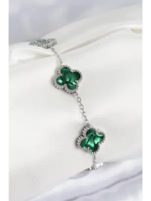 316L Çelik Sedefli Zümrüt Yeşil Gümüş Renk Yonca Kadın Bileklik