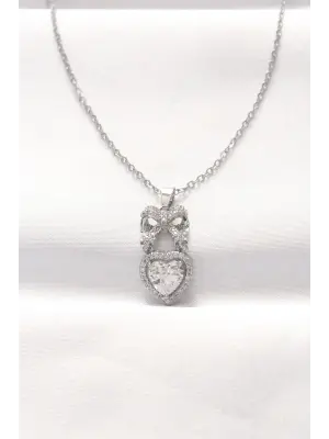  Silver  Zirkon Taşlı Kalpli Fiyonk Çelik Kolye