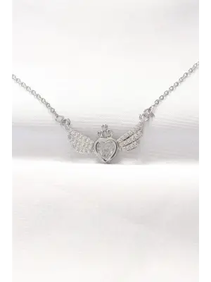  Silver  Zirkon Taşlı Kalpli Kanat Çelik Kolye