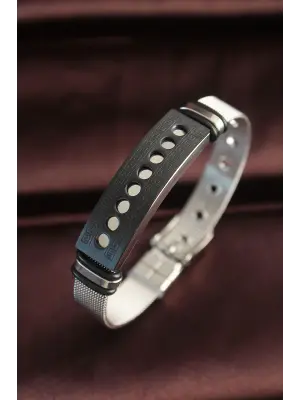 316L Çelik Siyah Desenli Oval Figür Ayarlanabilir Hasır Kordonlu Bileklik