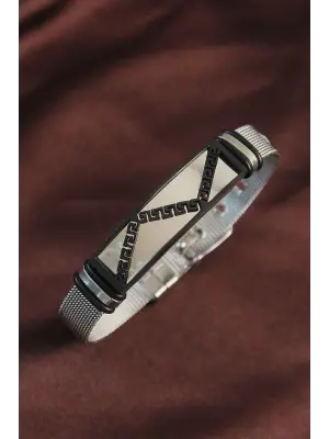 316L Çelik Siyah Etnik Desenli Ayarlanabilir Hasır Kordonlu Bileklik