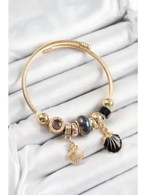 316L Çelik Siyah İstiridye Model Gold Renk Charm Bileklik