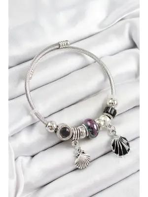 316L Çelik Siyah İstiridye Model Gümüş Renk Charm Bileklik