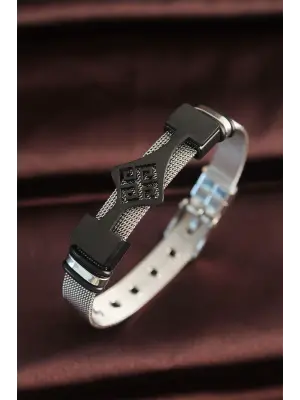 316L Çelik Siyah Motifli Ayarlanabilir Hasır Kordonlu Bileklik