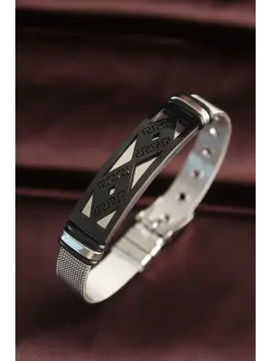 316L Çelik Siyah Motifli Ayarlanabilir Hasır Kordonlu Bileklik