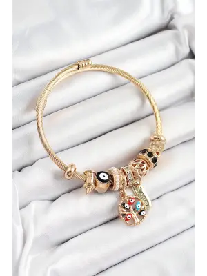 316L Çelik Siyah Nazarlı Zirkon Taşlı İnci Detaylı Hayat Ağacı Model Gold Renk Charm Bileklik