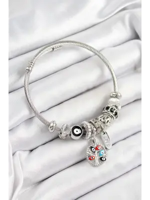 316L Çelik Siyah Nazarlı Zirkon Taşlı İnci Detaylı Hayat Ağacı Model Gümüş Renk Charm Bileklik