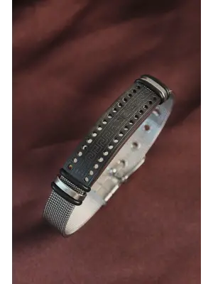 316L Çelik Siyah Piramit Desenli Ayarlanabilir Hasır Kordonlu Bileklik