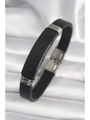 316L Çelik Siyah Renk Plaka Siyah Deri Kordon Erkek Bileklik
