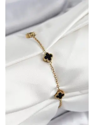 316L Çelik Siyah Sedef Yonca Model Gold Renk Kadın Bileklik