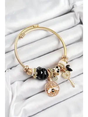 316L Çelik Siyah Zirkon Taşlı Baykuş Arı Ve Anahtar Model Gold Renk Charm Bileklik