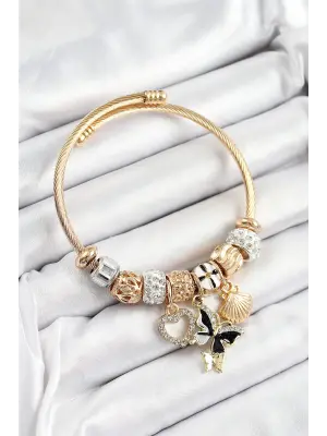 316L Çelik Siyah Zirkon Taşlı Kalp Kelebek Ve İstiridye Model Gold Renk Charm Bileklik