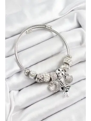 316L Çelik Siyah Zirkon Taşlı Kalp Kelebek Ve İstiridye Model Gümüş Renk Charm Bileklik