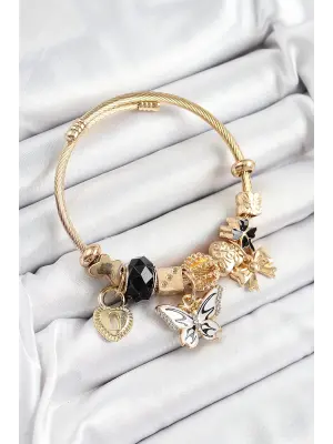 316L Çelik Siyah Zirkon Taşlı Kelebek Fiyonk Ve Kilit Model Gold Renk Charm Bileklik