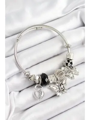 316L Çelik Siyah Zirkon Taşlı Kelebek Fiyonk Ve Kilit Model Gümüş Renk Charm Bileklik