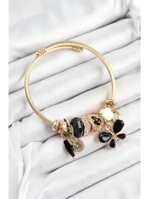 316L Çelik Siyah Zirkon Taşlı Kelebek Model Gold Renk Charm Bileklik