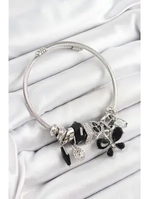 316L Çelik Siyah Zirkon Taşlı Yıldız Kelebek Model Gümüş Renk Charm Bileklik