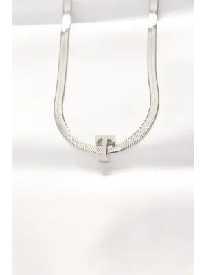  T Harfli Silver  İtalyan Zincirli Çelik Kolye