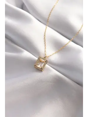 Taşlı Altın  Kare Tasarımlı Çelik Kolye