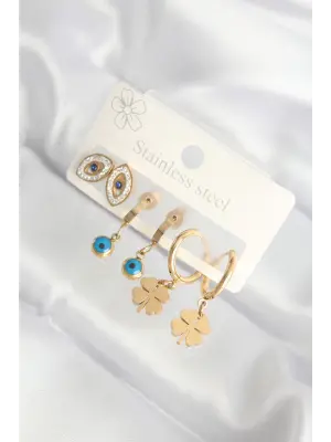   Taşlı Altın Nazar Boncuklu Yonca Küpe Seti