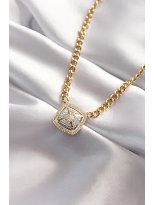  Taşlı Altın  Oxox Tasarımlı Çelik Kolye