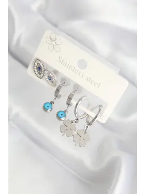   Taşlı Gümüş Nazar Boncuklu Yonca Küpe Seti