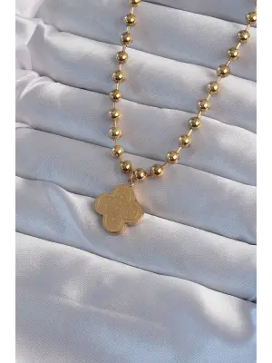  Top Zincirli Altın  İşlemeli Yonca Model Çelik Kolye