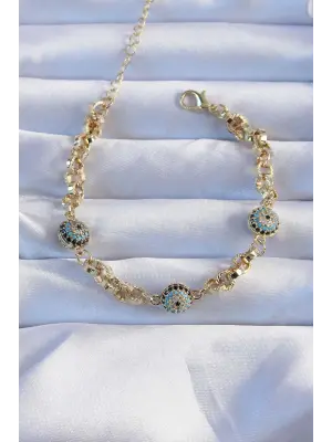 316L Çelik Zincir Vip Seri Altın Renk Zirkon Taşlı Nazarlı Bileklik