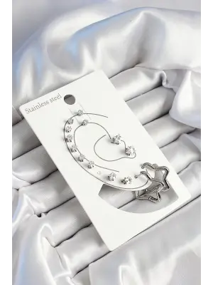 316L Çelik Yıldız Figürlü Ve Zirkon Taşlı Gümüş Renk 7li Çift Kadın Küpe Set