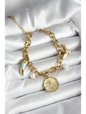 316L Çelik Yonca Fil Dişi ve Kuş Figürlü İnci Detaylı Sallantılı Gold Renk Kadın Bileklik