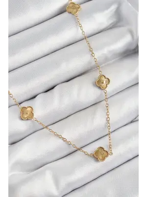 316L Çelik Yonca Model Gold Renk Kadın Kolye